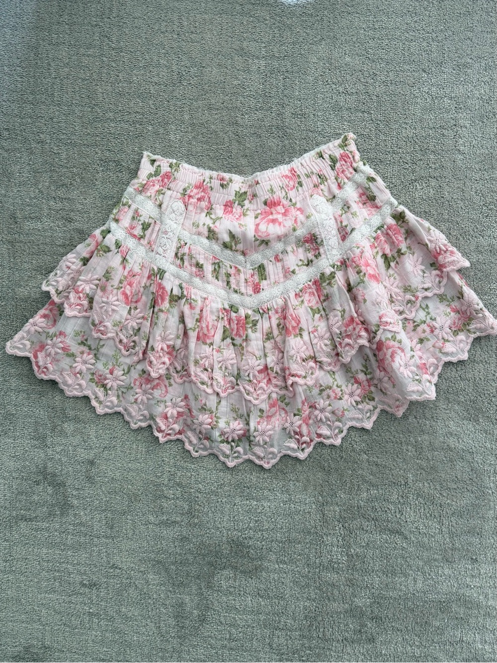 LoveShackFancy Pink Floral Mini Ruffled/Tiered Lace Skirt - Picture 1 of 10